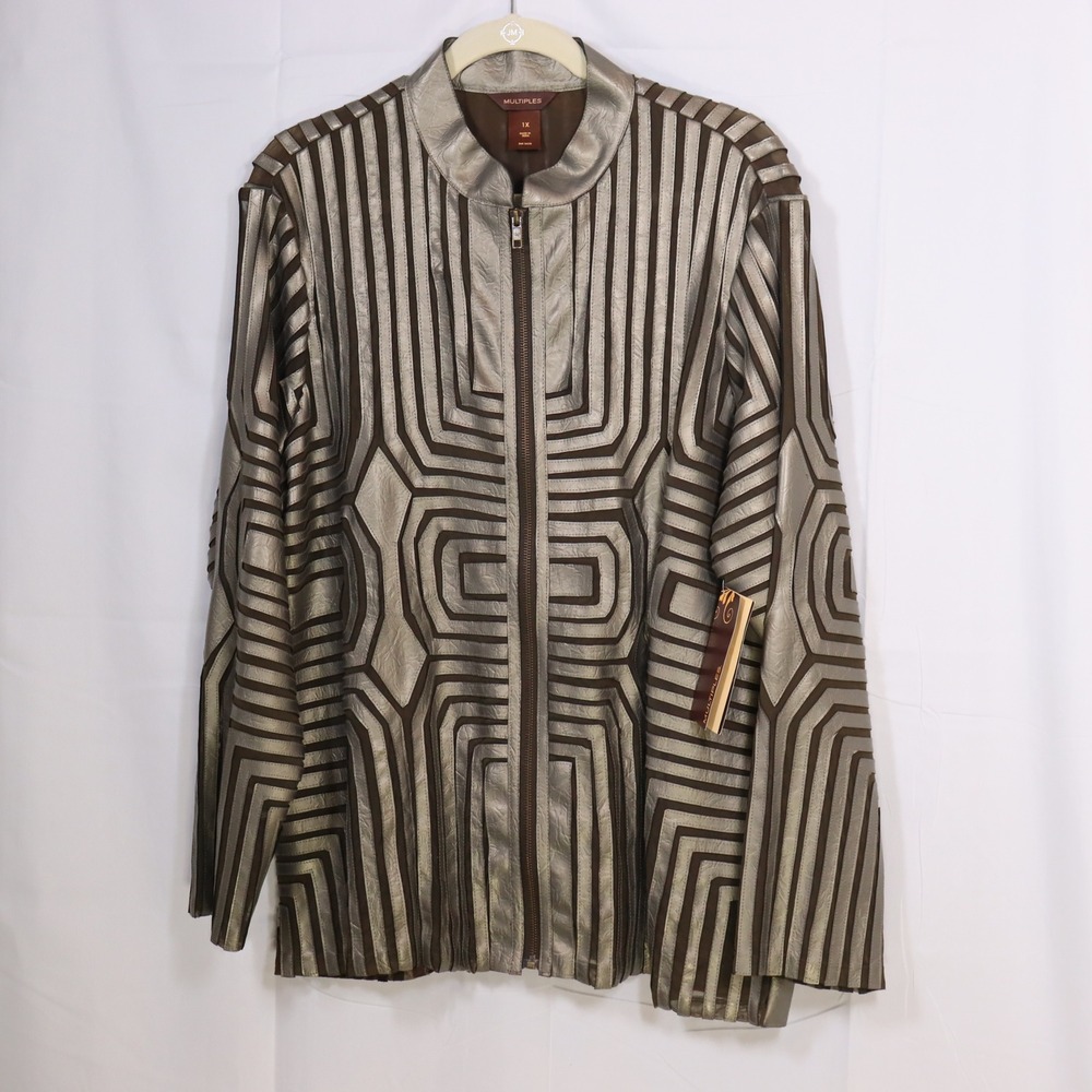 Multiples Jacket 1X Silver Womens Geometric Zip Up Mesh Statement